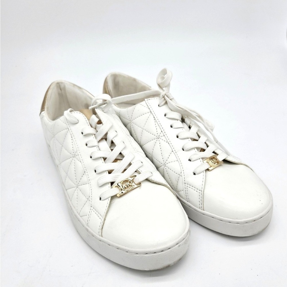 Michael Kors White Low-Top Sneakers Quilted with Gold Logo Accents Womens 9M